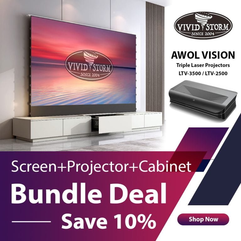 VIVIDSTORM S Pro Screen + AWOL Vision UST Projector + Cabinet Super Bundle Deal