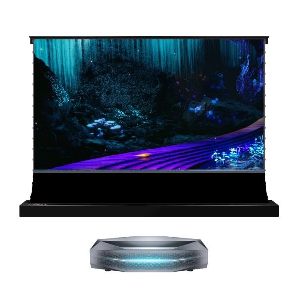BUNDLE AWOL Vision Aetherion Max RGB Laser 4K UST Projector with VIVIDSTORM S PRO motorised floor rising CLR/ALR projector screen