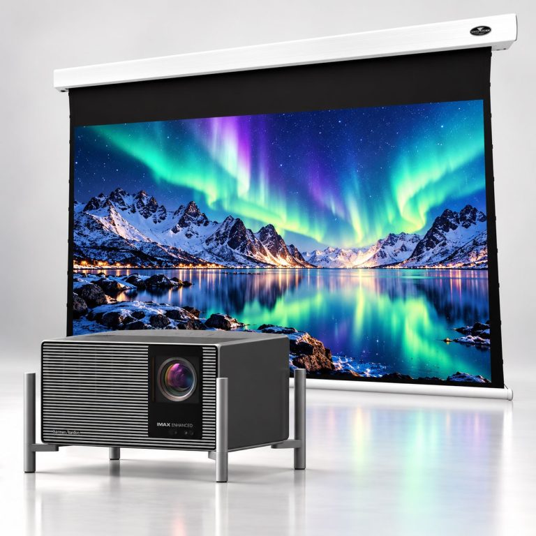 XGIMI TITAN Noir Max 4K RGB Laser Projector + VIVIDSTORM Cinematic White Motorised Drop Down Projector Screen Bundle - White Casing